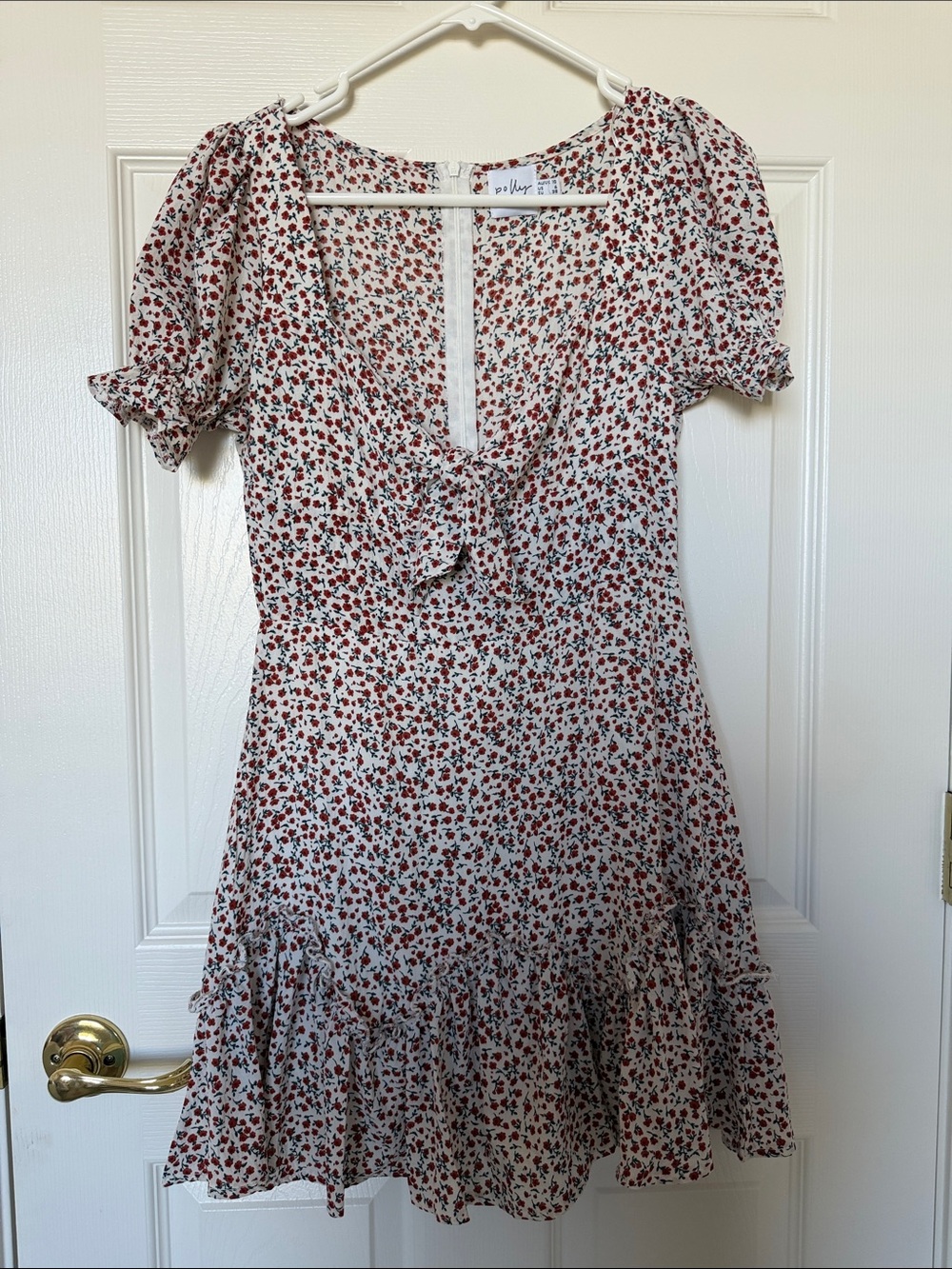 Tie-Front White Mini Dress with Red Floral Print